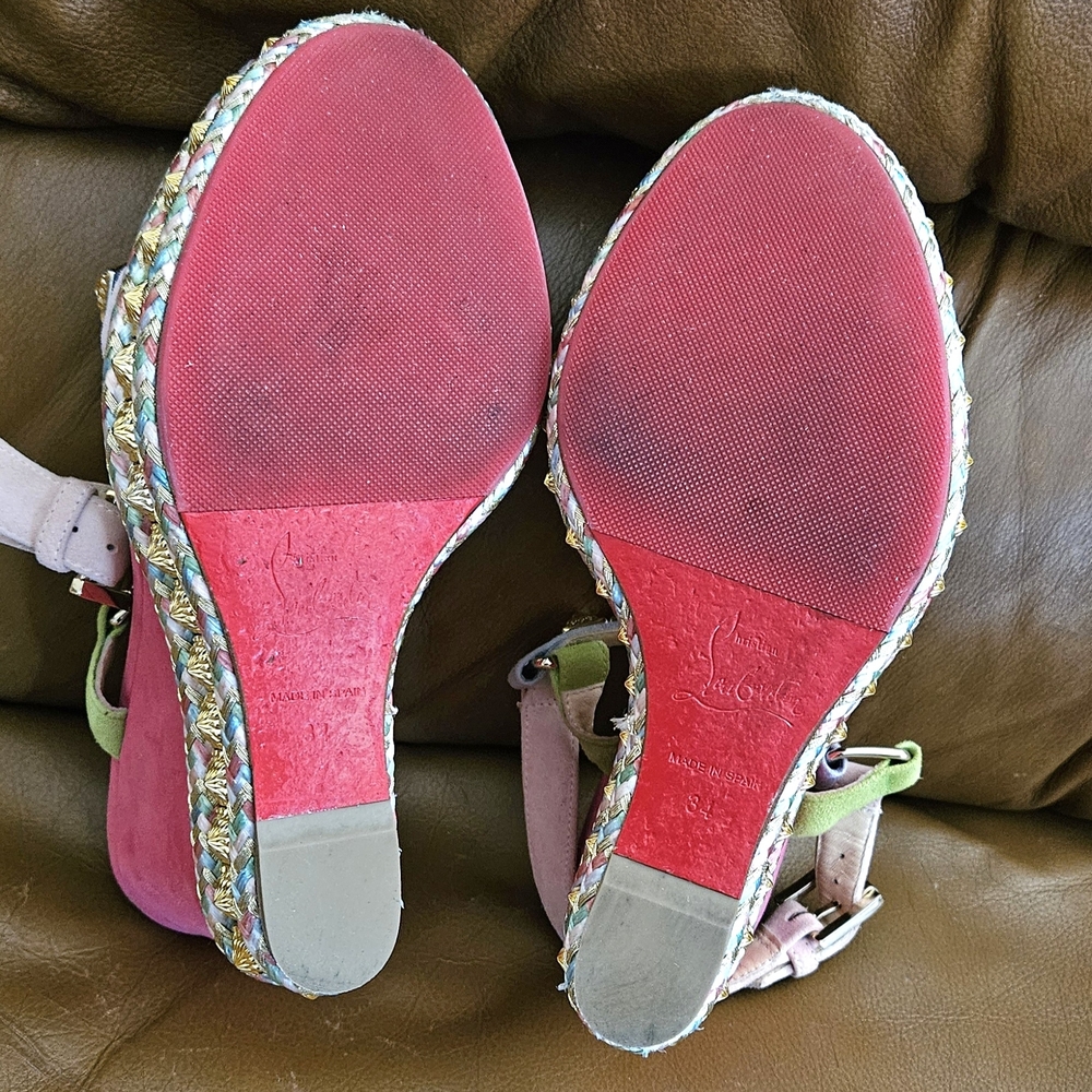 Christian Louboutin Pyraclou Suede Multicolor Gold Accent Wedges Sz 4 US - Picture 15 of 15